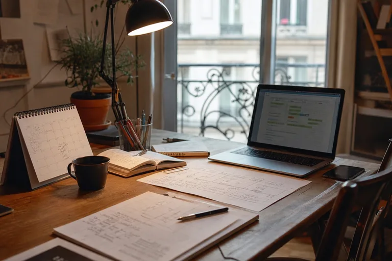 Production timeline sketches on a Paris nonprofit workshop table