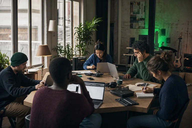 Nonprofit studio workshop in Paris: artists and crew around a work table with discreet AV gear